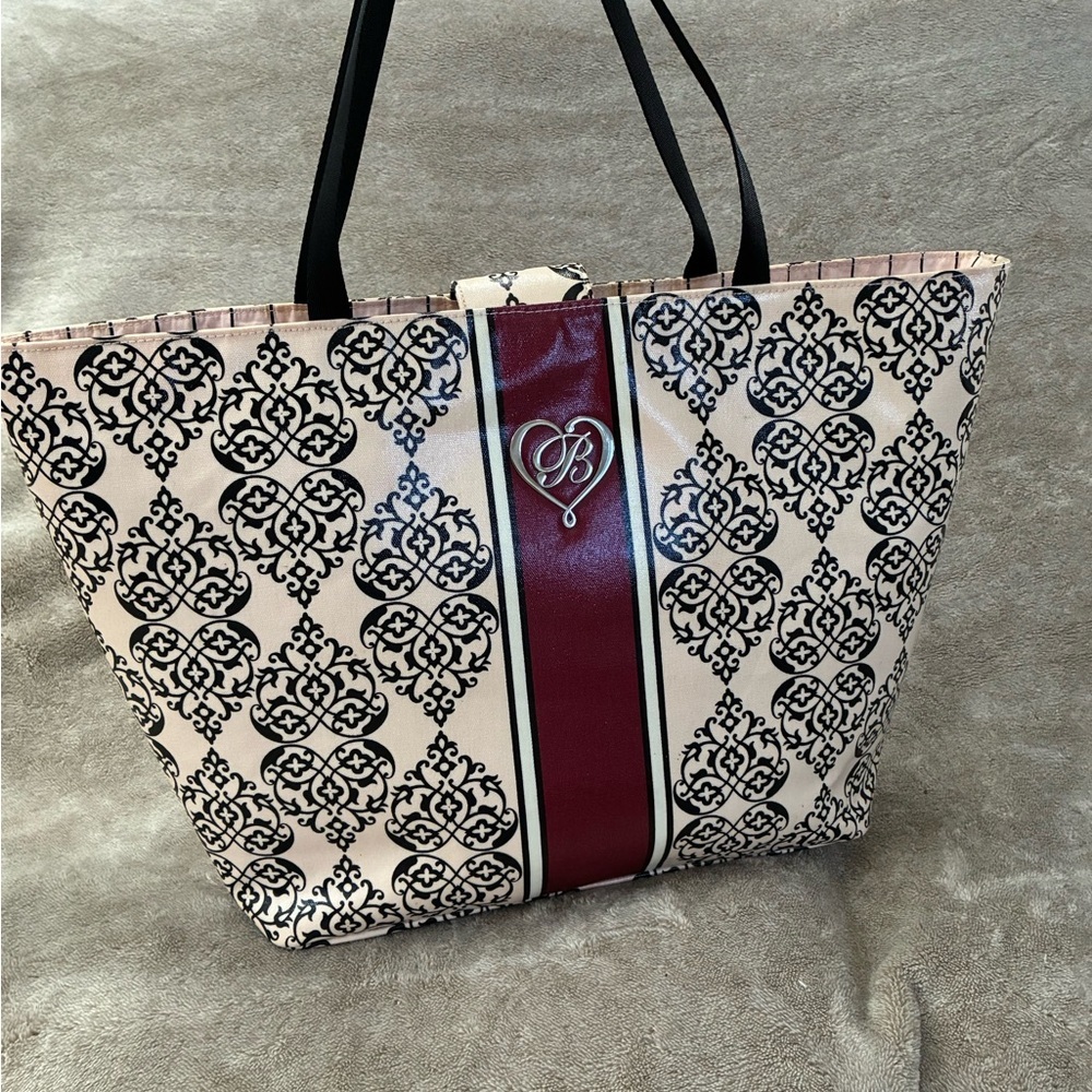 Brighton Damask Print Tote Bag Beige Black Burgundy, Logo Accent, Inner Pockets - Picture 2 of 8